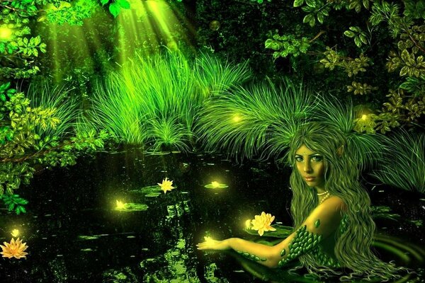 Une sorcière se baigne dans un lac de jardin