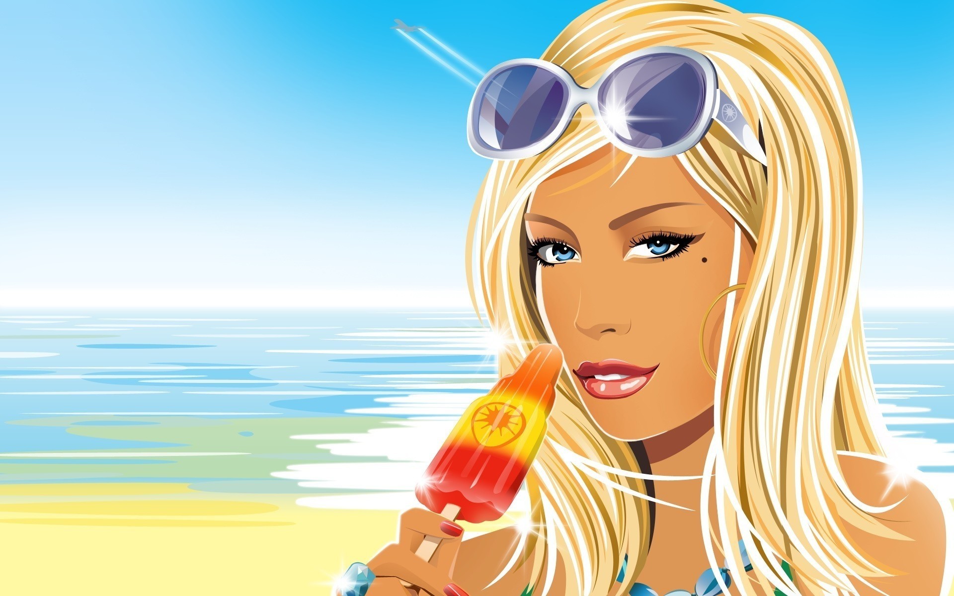 dessins animés été femme eau ciel jeune nature voyage plaisir mer à l extérieur plage vacances fille crème glacée yeux