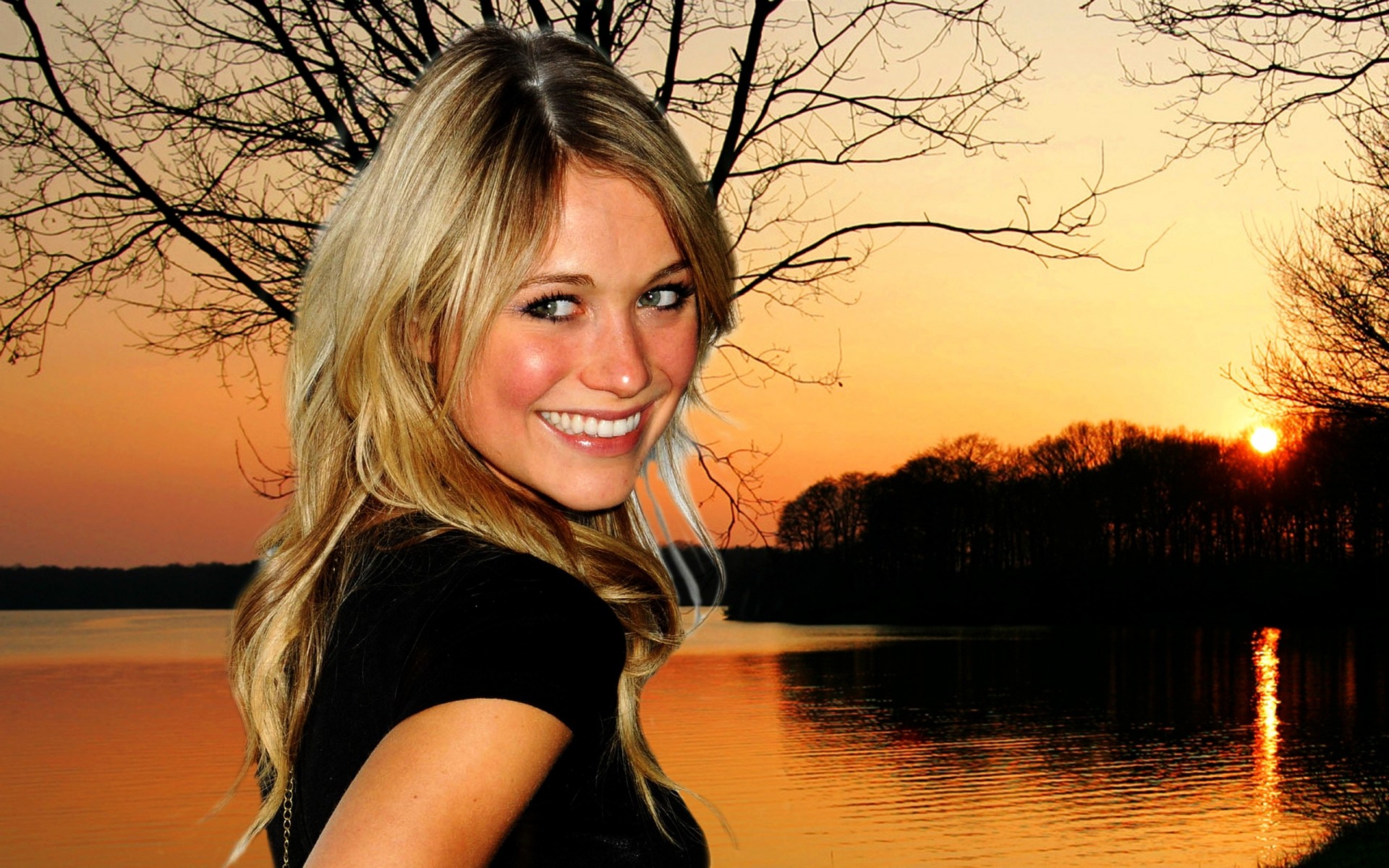 coucher de soleil nature eau femme automne lac belle soirée fille aube à l extérieur soleil blonde babe