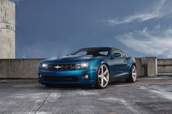 Chevrolet bleu a fière allure sur fond de béton
