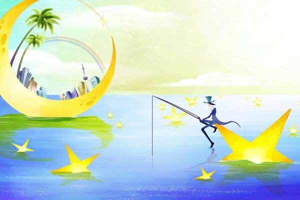 Illustration d un pêcheur sur une étoile de mer