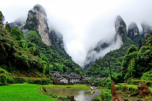 Montagnes avec un plan d eau et de brouillard en Chine en été après-midi