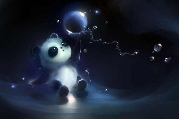 Ours Panda est joué avec des bulles de savon lumineux
