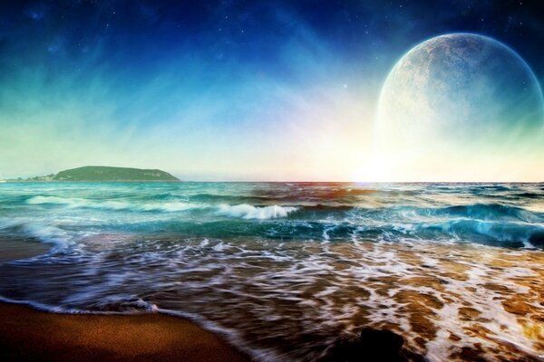 Marée sur la mer avec un fond de ciel lumineux avec une planète inconnue