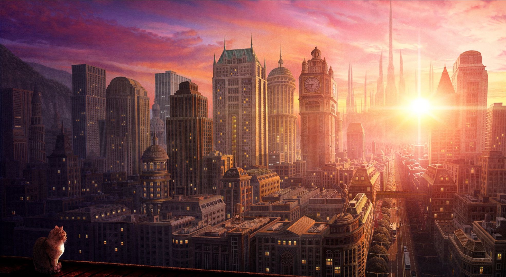 anime ville maison architecture skyline gratte-ciel ville soir crépuscule voyage tour coucher de soleil urbain ciel rivière lumière bureau centre-ville point de repère réflexion