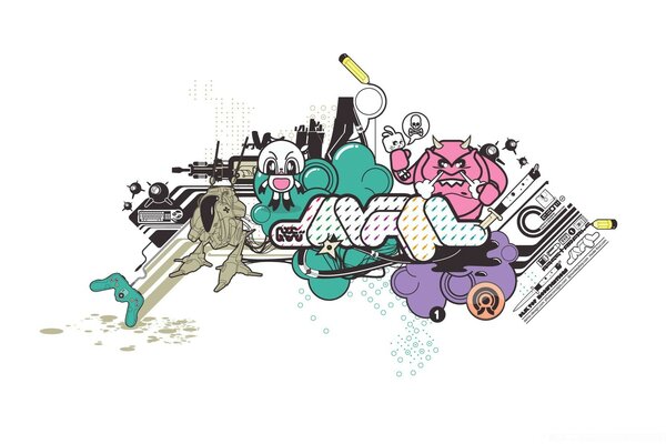 Graphiques avec des dessins animés et des personnages pour l ordinateur