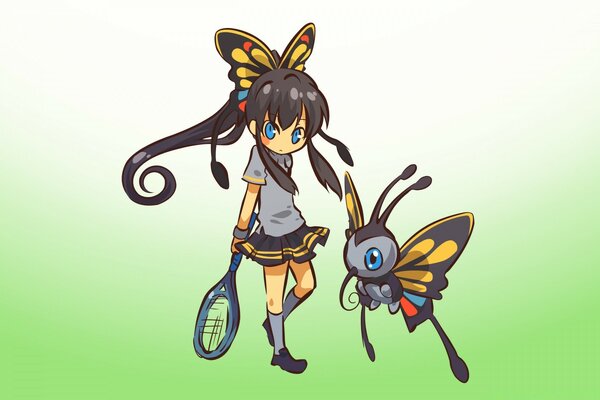 Fille jouant au tennis avec un papillon
