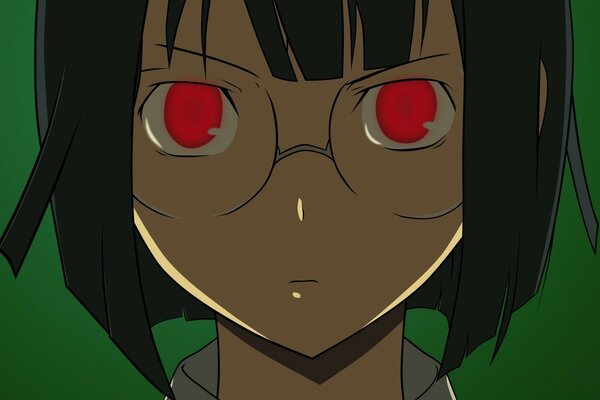 Dessin animé fille avec de grands yeux rouges sur fond vert