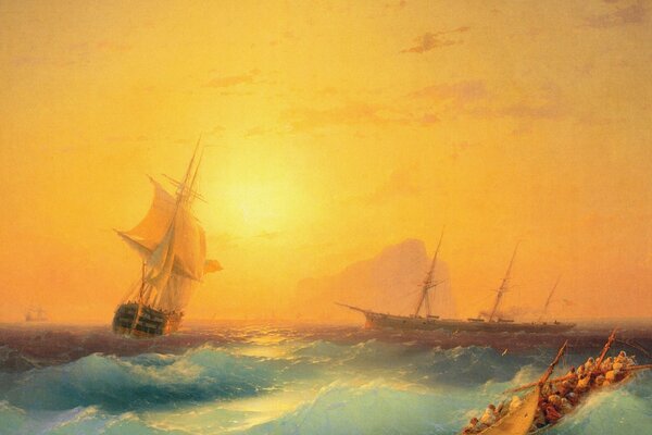 Navires au milieu d une tempête au coucher du soleil