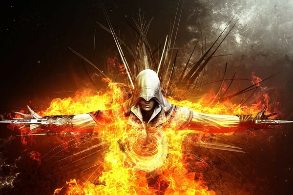 Homme guerrier sur fond de feu et de fumée. Image fantastique sur fond sombre