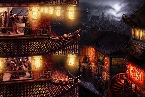 Ville japonaise nocturne et Geisha