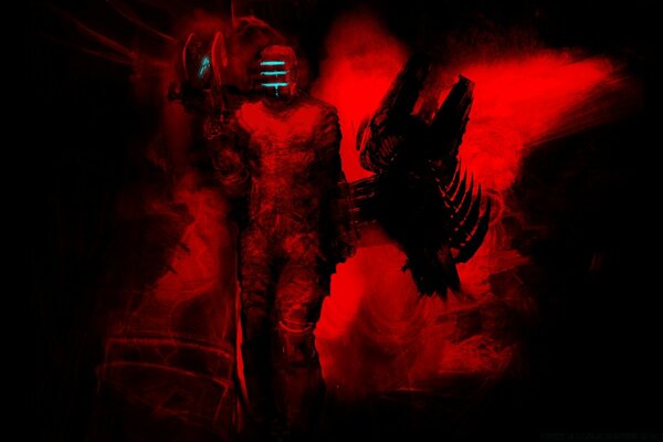 Robot sur fond rouge avec rétro-éclairage sur le masque