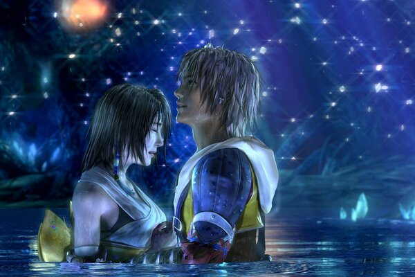 Belle femme et homme dans l eau sur fond de ciel
