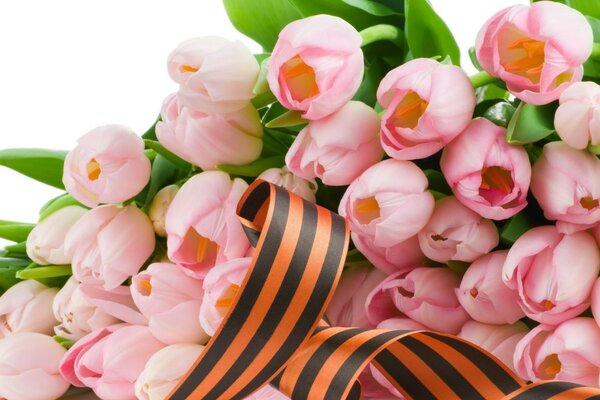 Bouquet de tulipes roses avec ruban de Saint-Georges