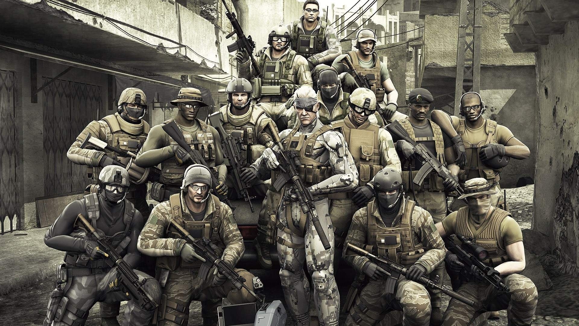 metal gear militaire soldat bande homme adulte guerre uniforme beaucoup casque armée porter arme tenue uniforme militaire pistolet voiture voile combat
