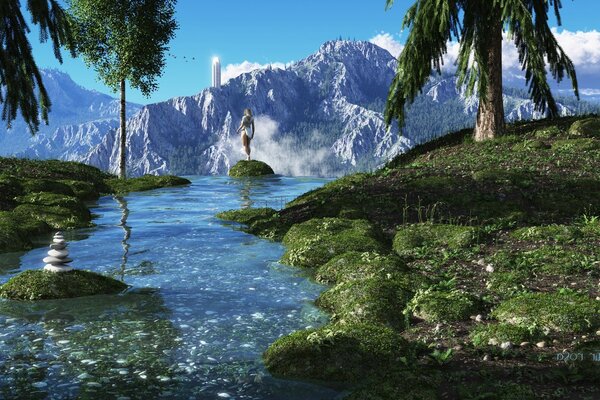 Ciel, montagnes, cascade, arbres