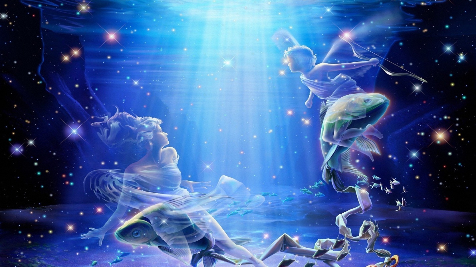 illustration science aquarium résumé graphique natation sous-marin bureau mouvement art eau fantaisie conception fiction lune lumière magie futuriste profond