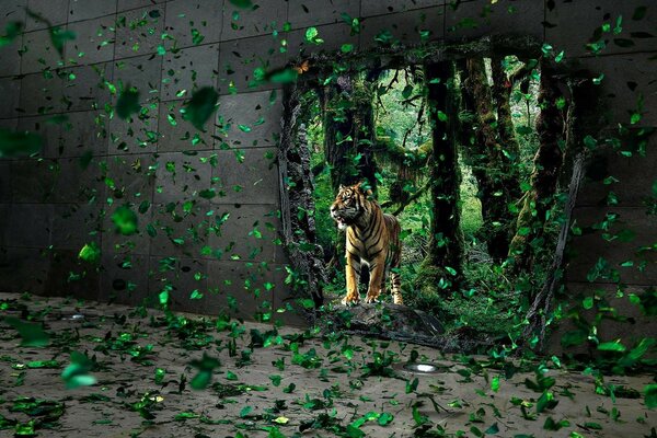 Tigre dans la verdure qui vole autour de lui