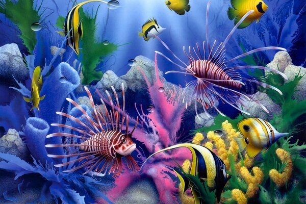 Poissons brillants nageant dans les coraux