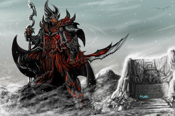 Personnage de The elder scrolls sur fond de montagnes enneigées