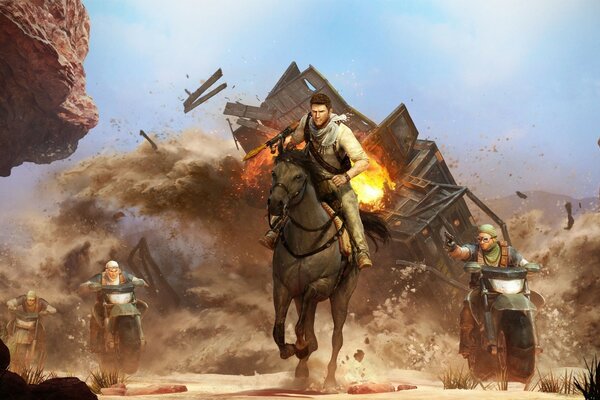 Le cavalier s échappe des bandits sur fond de crash