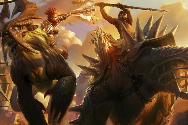 Guerriers fantastiques sur d énormes animaux