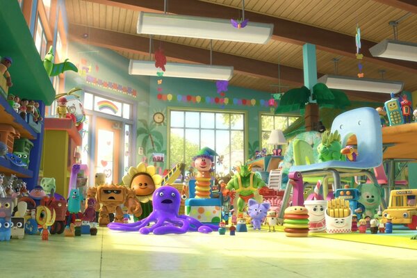 Image du dessin animé toy story 3 avec différents jouets dans la chambre