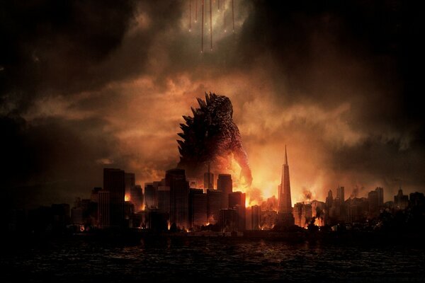 Godzilla dans les flammes va à la ville