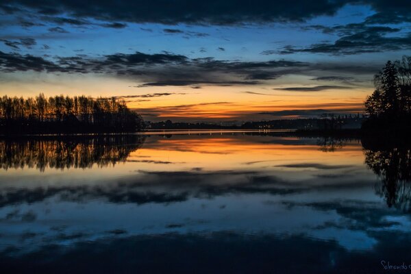 Coucher de soleil dans le reflet du lac